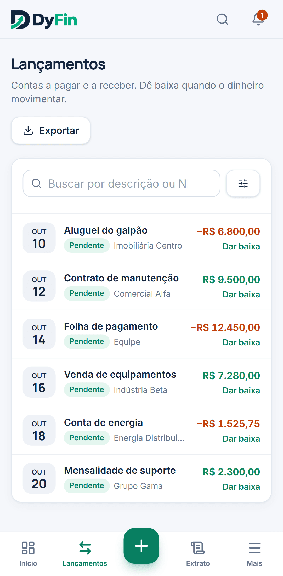 DyFin no celular: lista de lançamentos com botão de dar baixa